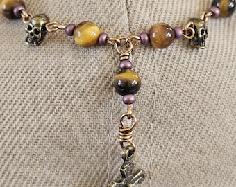HP067- Handmade Tiger's eye Rosary Hat Pin: Ornate Cross, Christian Accessory. Tiger's eye beads. Skull beads.