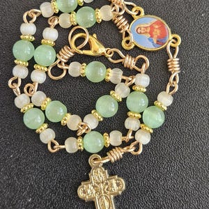 CR115- Handmade Car Rosary.  Decade chaplet. Mint green selenite beads.  Bracelet rosary. Hangs on rearview mirror item.