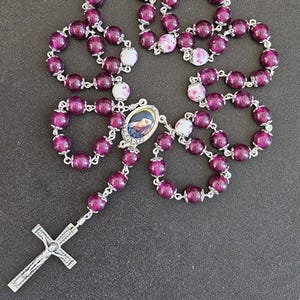 SR018- Rosary of the Seven Sorrows.  Plum purple or magenta glass beads. Floral ceramic beads. Handmade Servite rosary. Mater Dolorosa.