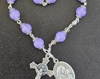TR003- Handmade tenner decade pocket rosary.  Lilac purplecolored glass beaded chaplet. Holy Trinity. Mary and Child. St Benedict cross