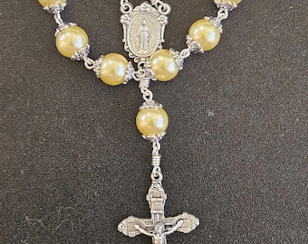 D135-Handmade decade rosary (large). Golden champagne colored freshwater pearl beads.Tenner pocket rosary.  Beautiful chaplet. Unique.