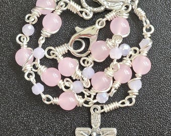 CR067- Handmade Car Rosary. Pastel pink agate glass beads. Handwrapped tenner chaplet. Bracelet rosary. Hangs on rearview mirror.