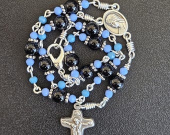 CR099- Handmade Car Rosary. Black agate beads. Light blue milk glass beads. Beautiful Chaplet.  Bracelet rosary. Hang in rear view mirror