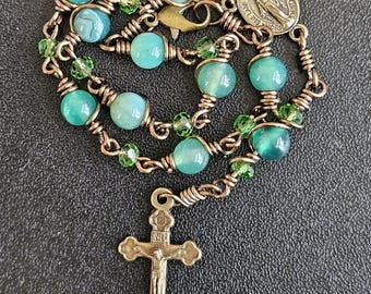 CR074- Handmade Car Rosary. Striped green agate beads. Vintage rosary. Decade tenner chaplet. Bracelet rosary. Hangs on rearview mirror