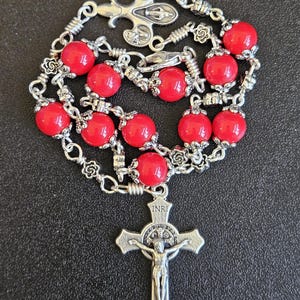 CR026- Handmade decade car rosary. Ruby red agate beads. St. Benedict. 4 way cross. Tenner Chaplet. Bracelet rosary.Hangs on rearview mirror
