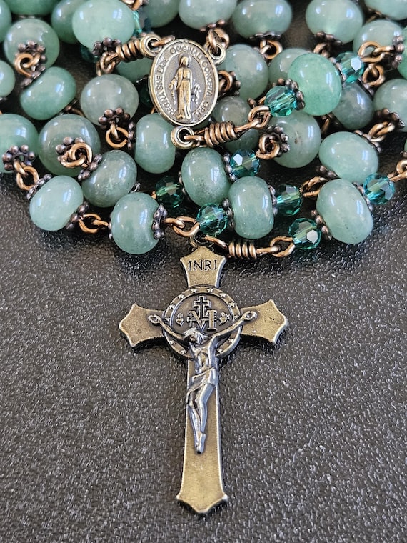 R116 - Handmade Rosary. Green Moss Agate Rosary.  Vintage Antique Bronze rosary. Ornate crucifix.
