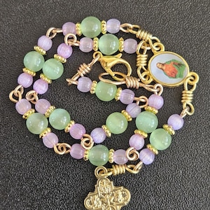 CR116- Handmade Car Rosary.  Decade chaplet. Mint green selenite beads. Bracelet rosary.  Hangs on rearview mirror item.