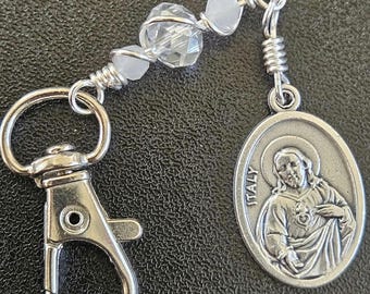 K11-  Handmade.  Fatima and Jesus Key chain.  Hand wrapped multi-facetted clear white and milky white rondelle beads (6mmx 8mm and 3mmx4mm).