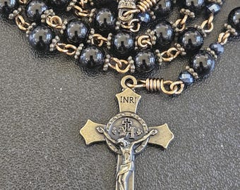 R128- Handmade Rosary (small). Ebony black agate beads.  Vintage rosary. First communion. Confirmation gift.  Necklace or pocket rosary.