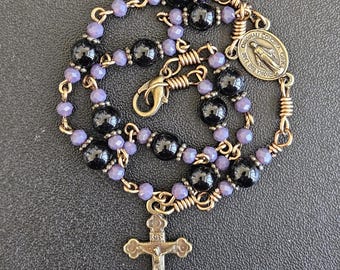 CR096- Handmade Car Rosary. Vintage chaplet. Black agate beads. Purple milk glass. Bracelet rosary.Hangs on rearview mirror