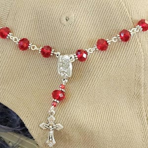 HP006 - Handmade Rosary Hat Pin (long). Ruby Red Crystal, Ornate Cross. Christian accessory. Interchangeable pin posts.