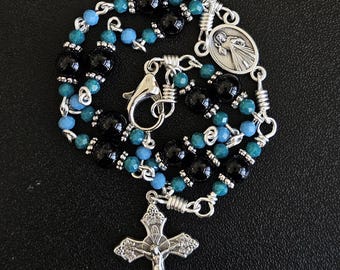 CR098- Handmade Car Rosary. Black agate beads. Teal turquoise milk glass beads. Chaplet.  Bracelet rosary. Hang in rear view.