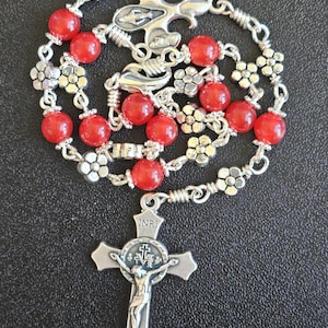 CR017- Handmade Car Rosary.  Decade chaplet. Ruby red agate beads.  Fatima Cross.  Hangs on rearview mirror.  Bracelet rosary. 2 variations.