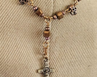 HP065- Handmade crystal Rosary Hat Pin: Ornate Cross, Christian Accessory. Black crystal square beads. Skull beads.