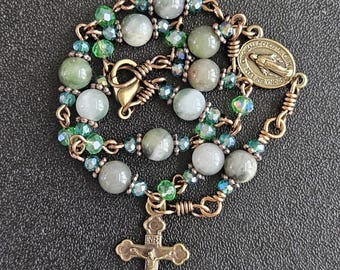 CR088- Handmade Car Rosary.  Green moss agate beads.  Vintage Chaplet. Tenner. Hangs in rearview mirror. Ornate cross. Bracelet rosary.
