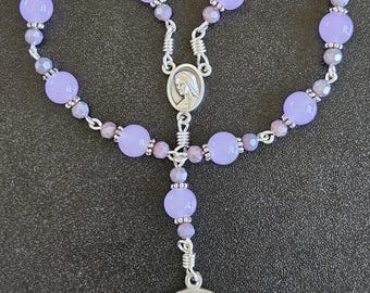 D084- Handmade decade rosary. 8mm lilac purple glass  beads. Pocket Rosary. Tenner  rosary.  Madonna and child. St. Benedict. 2 variations.