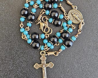 CR095- Handmade Car Rosary. Vintage chaplet. Ebony black agate beads. Teal milk glass. Bracelet rosary. Hangs on rearview mirror.
