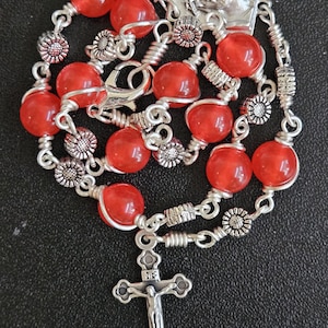 CR008- Handmade Car Rosary.  Decade Tenner chaplet. Ruby red agate beads. Handwrapped. Bracelet rosary. Hangs on rearview mirror.