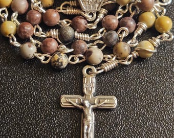 R099- Handmade Rosary (small). Painted Picasso Jasper stone beads.  Unique chaplet. Baptism or  Baby shower gift. ornate crucifix