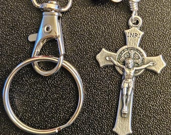 K04- Handmade Christian keychain.  St. Benedict key chain.  Royal purple crystal beads.  Handwired and hand wrapped.