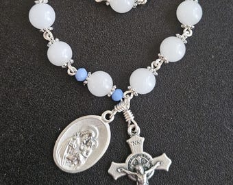 TR040 - Handmade tenner decade pocket rosary. Snow white agate glass beaded chaplet. St. Joseph.  St. Benedict crucifix.  Pocket rosary