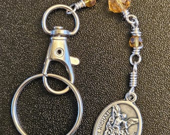 K01-  Handmade Christian Keychain.  St. Michael.  Champagne colored crystal beads.  Hand wrapped and hand wired.