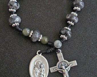 TR043- Handmade corded tenner decade pocket rosary. 8mmx 10mm black grey moss lace agate stone beaded chaplet. St. Joseph. St. Benedict.