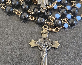 R043- Handmade Rosary (small).  Ebony black agate beads and blue milk glass.  Vintage rosary. First communion.  Necklace or pocket rosary.
