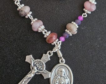 TR038- Handmade tenner decade pocket rosary (Large). Pink rhodonite stone.  Chaplet. Sacred Heart of Jesus and Mary.  St. Benedict