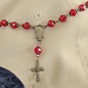 HP007 - Handmade Rosary Hat Pin (long).  Ruby Red Crystal, Bronze Cross. Christian accessory.  interchangeable pin posts