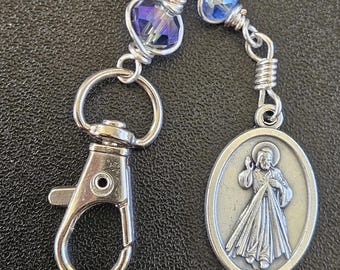 K12 - Handmade. Lady of Guadalupe  and Ascension of Christ Key chain.  Hand wrapped multi-facetted purple bluish irridescent rondelle beads