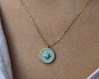 North Star Pendant Necklace - 14K Gold Plated - Blue Jewelry to Gift - Night Pendant -