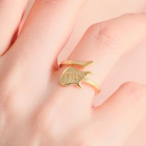 925 Sterling Silver Guitar Ring: 14K Gold Plated, Adjustable