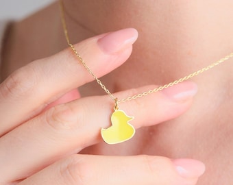 Collar de pato de plata 925: colgante de esmalte amarillo, joya de animal