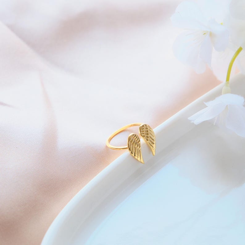 14K Gold Plated Sterling Silver Wing Ring - Adjustable Angel Jewelry image 8