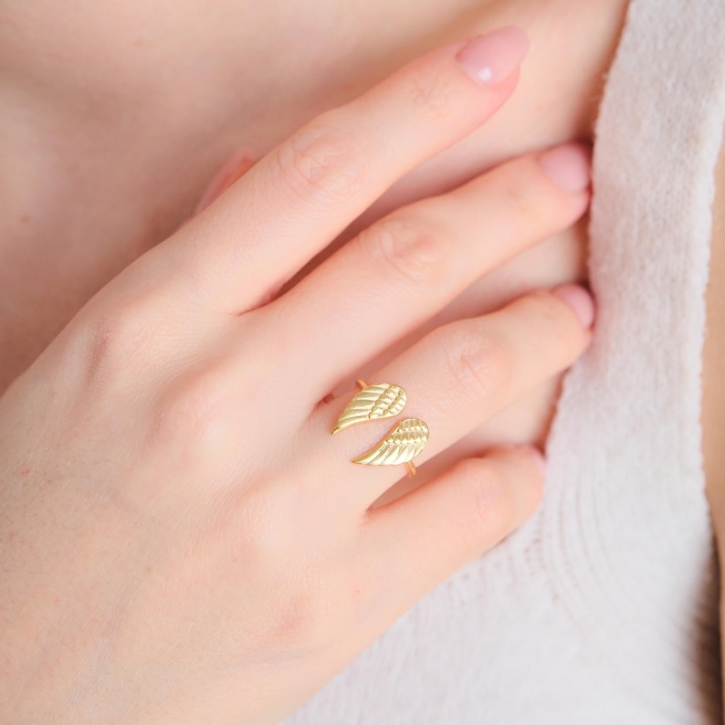 14K Gold Plated Sterling Silver Wing Ring - Adjustable Angel Jewelry image 4
