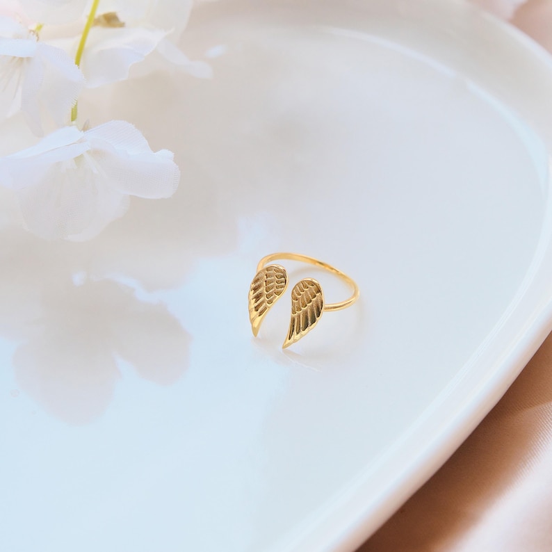 14K Gold Plated Sterling Silver Wing Ring - Adjustable Angel Jewelry image 2