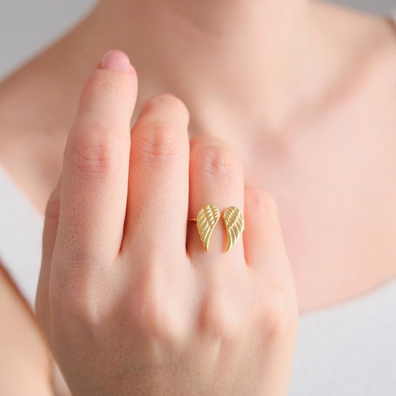 14K Gold Plated Sterling Silver Wing Ring - Adjustable Angel Jewelry image 3