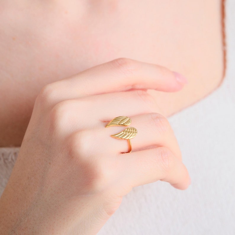 14K Gold Plated Sterling Silver Wing Ring - Adjustable Angel Jewelry image 1