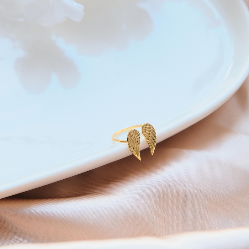14K Gold Plated Sterling Silver Wing Ring - Adjustable Angel Jewelry image 6