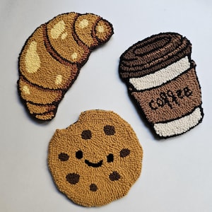 Coffee Cup and Croissant Punch Needle Coaster: Handmade Tufted Mug Rug