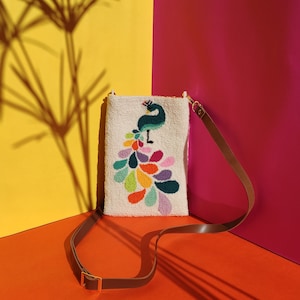 Peafowl Phone Bag, Punch Needle Phone Bag, Handmade, Punch Embroidery, Punch Embroidered Mini Crossbody Bag, Mini Women Bag, Gift for Women