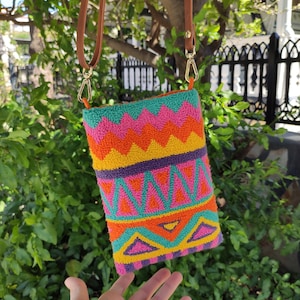 Ethnic Phone Bag, Punch Needle Phone Bag, Handmade, Punch Embroidery, Punch Embroidered Mini Crossbody Bag, Mini Women Bag, Gift for Women