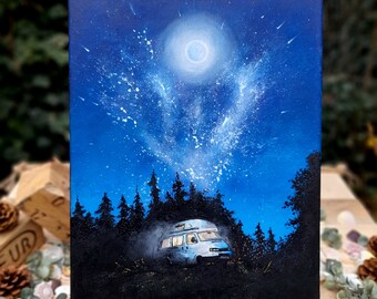 Peinture originale de camping-car dans les bois, ciel nocturne acrylique sur toile 30 x 40 cm, art Vanlife