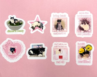 May include: Nine colourful stickers featuring black and white cats with humorous text. The stickers include phrases like "dinner's ready", "bring back asbestos", "save the environment", "eat plastic", "I love 5g", "don't talk to me until I've had my red 40", "forklift certified", and "I eat cement".