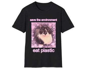 Red het milieu, eet plastic schattig kat T-shirt in unisex-stijl