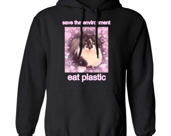 Save The Environment Eat Plastic Cute Cat Unisex Pullover Hoodie