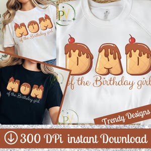 Familia de cumpleañeras con helado de chocolate PNG, mamá y papá de la cumpleañera, lindo tema de postre para camisetas, fiesta de helados PNG