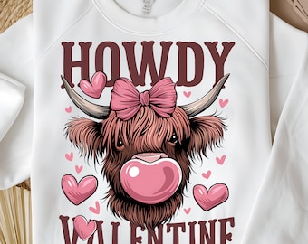 Bubblegum Highland Cow png, Howdy Valentine png, Design maglietta di San Valentino, Mucca retrò png, Design sublimatico maglietta retrò, Divertente San Valentino png