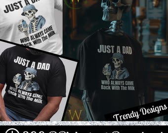 いつもミルクを持って帰ってくるお父さん、スケルトンデザインのメンズ父の日Tシャツ（PNG）、面白いお父さんシャツ、いつもミルクを持って帰ってくるお父さん（PNG）